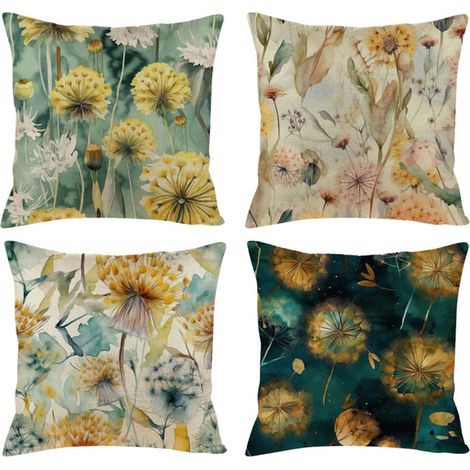 Lot de 4 housses de coussin à fleurs 45 x 45 cm en lin pour canapé, canapé d\'extérieur, salon, lit, décoration d\'intérieur