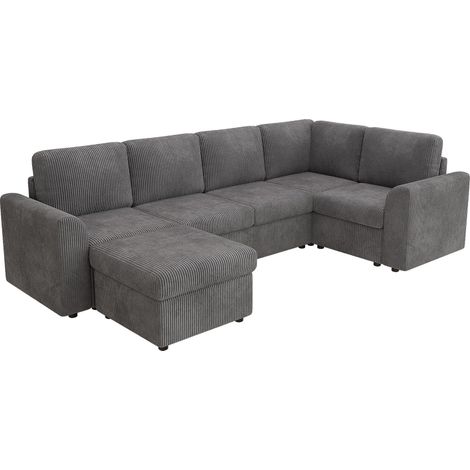 Canapé moderne au style contemporain, canapé d’angle en L en velours côtelé avec accoudoirs, 1 tabouret multifonction mobile, montage facile, mousse haute densité, gris (B282 × H85 × T153 cm). (1/5)