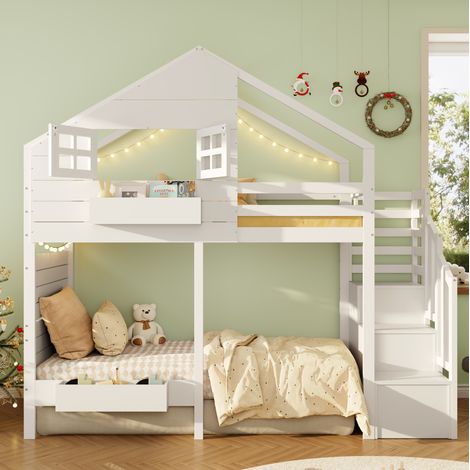 Letto a castello bambini 90x200 cm con contenitori, finestra, pino massiccio e MDF, bianco, OKWISH (1/5)