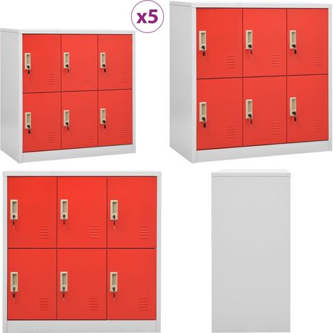 Schließfachschränke 5 Stk. Hellgrau und Rot 90x45x92,5 cm Stahl - Schliessfachschrank - Metallschrank - Aufbewahrungsbox - Garderobe - Bürobedarf - Home & Living
