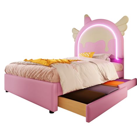 Lit Enfant 90 x 200 cm en PU, Lit Simple avec Barre Lumineuse Multicolore et 2 Tiroirs, sans Matelas, Rose (1/5)