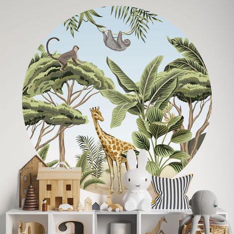 Sticker mural rond / cercle Enfants - Jungle Animaux - Diamètre 30 cm - Adhésif MAT (1/2)