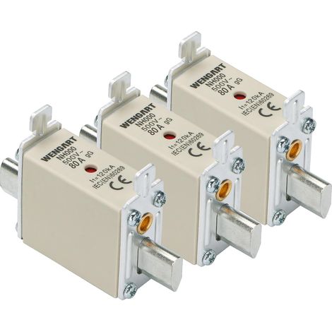 Fusible de type couteau NH000,3 pièces,classe gG AC500V 80A, 120 kA pour la protection générale dans les systèmes de distribution basse tension et les applications industrielles (1/5)