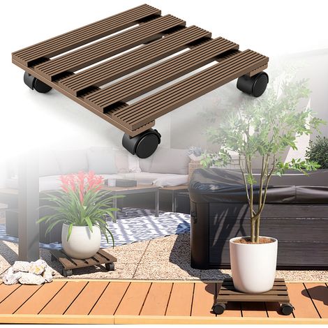 Jiubiaz WPC Pflanzenroller 30cm, Blumenroller Tragkraft 80 KG, Rolluntersetzer mit Rollen, Kübelroller für Pflanzen, Blumentopf(Eckig, Braun)