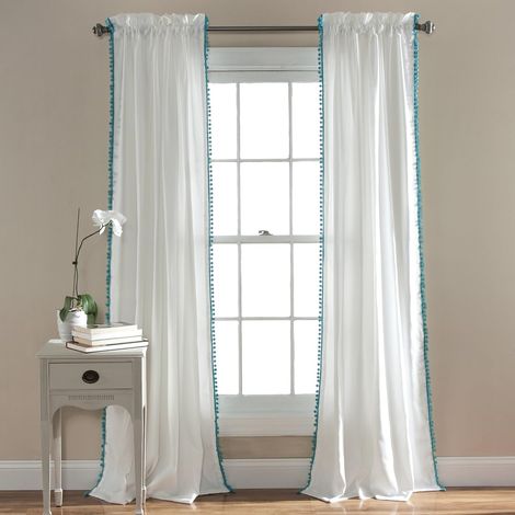 Rideau à Pompons  Panneau de fenêtre texturé de Couleur Unie de Style Vintage Chic pour Salon, Salle à Manger, Chambre à Coucher (Simple), Turquoise, 127 cm de Large x 213,4 cm de Long (1/5)