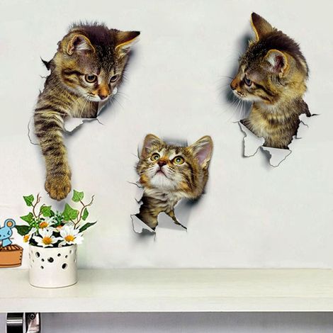Sticker mural 3D Chats, Sticker mural combiné Toilettes, Sticker imperméable pour réfrigérateur, Sticker pour porte, Décoration murale de cuisine