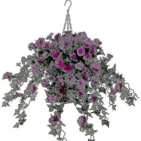 Panier suspendu avec vigne artificielle et fleurs de pétunia en soie pour l'extérieur/l'intérieur