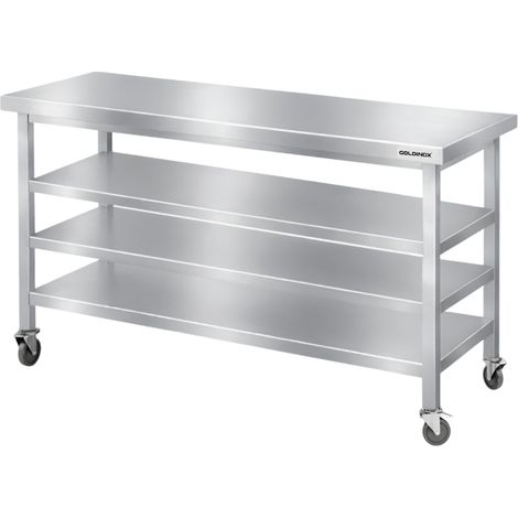 Table de travail en inox Bar 1600x600 mm avec 3 étagères inférieures sur roulettes PREMIUM - GOLDINOX (1/4)