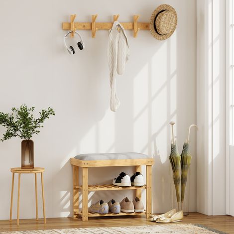 Meuble à Chaussures Banc à Chaussures 2 étagères Coussin intégré Bambou Gris (1/4)