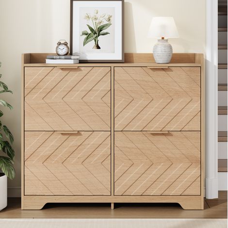 Meuble à chaussures 4 abattants avec façade 3D et tablette supérieure 105 x 24 x 90 cm MDF naturel (1/5)