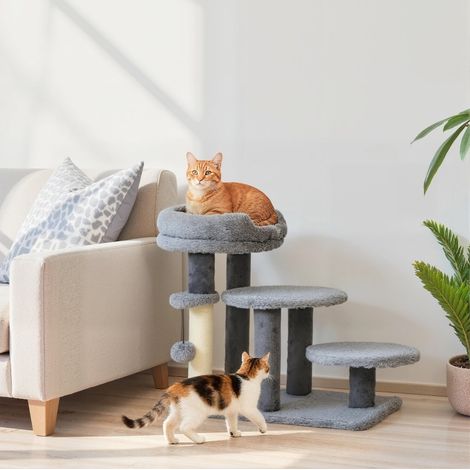 Albero tiragraffi e scala per gatti, base ampia, peluche, sisal, grigio OKMYHOME (1/5)
