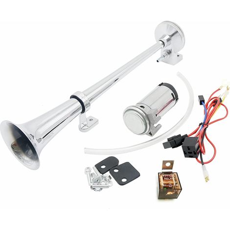 klaxon de voiture klaxon d'air 150DB Car Horn 45cm haut-parleur de voiture argent Chrome Zinc trompette simple avec pompe à air pour 12V Car camion train bateau etc (1/5)