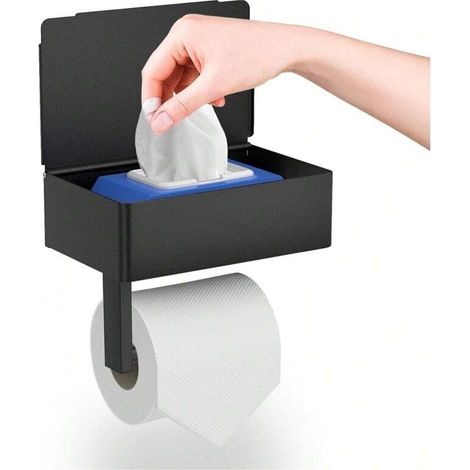 Porte-Papier Toilette Mural Sans Perçage, Avec Étagère Et Distributeur De Lingettes Humides, Noir, Pour Salle De Bain Et Cuisine (1/4)