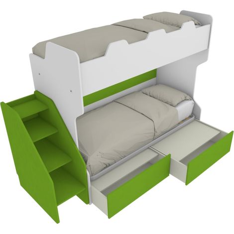 Letto a castello salvaspazio con terzo letto estraibile e scala laterale - Ideale per camerette - Bianco e Verde Mela