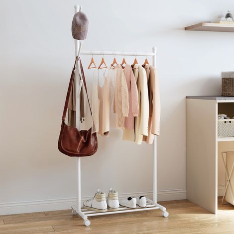 Portant à vêtements à roulettes, penderie mobile avec tringle, 5 crochets, étagère à chaussures, blanc
