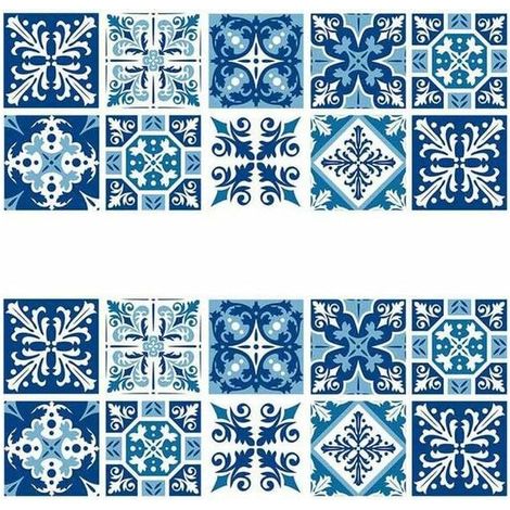 RHG 2 Pcs Carrelage Mural Autocollant, Sticker Carrelage Autocollant 15×15cm Carrelage Adhésif Mural étanche pour Cusine Salle de Bain (Style Porcelaine Bleu et Blanc)- (1/4)
