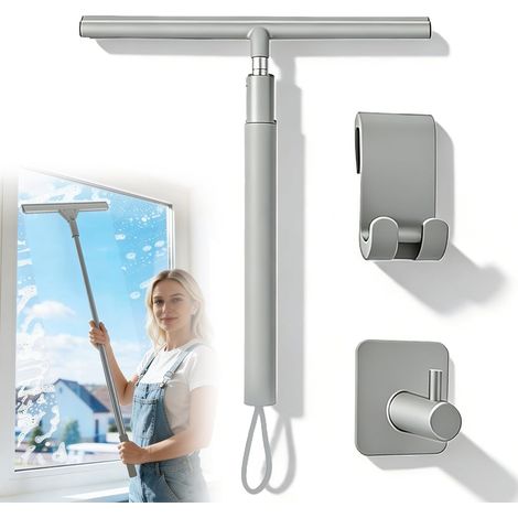 Raclette De Douche avec Manche, Raclette Douche 2 en 1, Raclette De Douche Télescopique avec Crochets, Raclette De Douches Extensible 30-120cm pour Salle De Bain, Douche, Miroir, Voiture, Gris Clair (1/5)