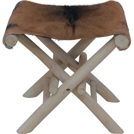 Tabouret pliable cuir de chèvre et bois de teck massif (1/5)