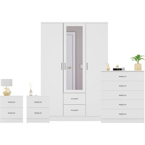 Riano 4 Piece Bedroom Set (2 Drw Bedside Chest, 5 Drw Chest, 3 Dr 2 Drw Mirrored Wardrobe), White (1/3)