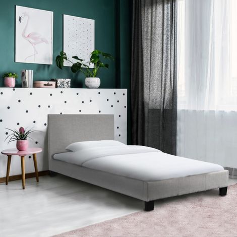 Le Quai Des Affaires – Lit DUBLIN 90x190 cm – Structure MDF avec tissu gris clair – Sommier 12 lattes en bois – Hauteur 75,5 cm avec tête de lit