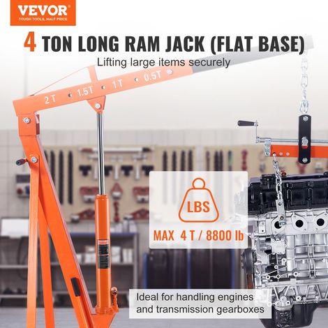Vérin Hydraulique Long pour Grue d'Atelier 4 Tonnes, Cylindre Hydraulique Support Moteur avec Pompe à Simple Piston et Base Plate, Tige Hydraulique pour Chèvre Levage Moteur, Entretien Garage (1/5)