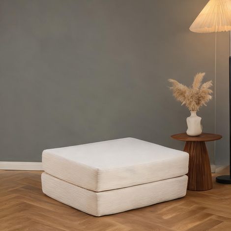 Pouf de relaxation en velours côtelé beige avec rangement latéral (1/5)