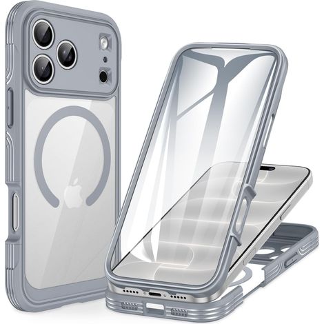 Magnétique Coque pour iPhone 18 Pro/iPhone 17 Pro [Compatible avec MagSafe] intégré 9H Verre Trempé Protection écran et Protection Caméra, Antichoc Téléphone Housse Intégrale Etui - Gris (1/5)