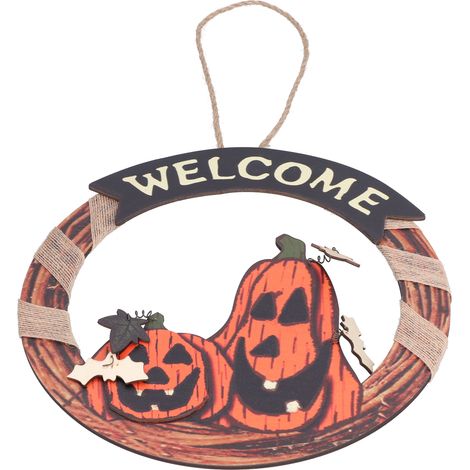 Halloween-Willkommensschild, Türkranz aus Holz mit Kürbis, schwarzer Katze, Burg, Geistern - Trauerdekoration (Los: JM01436) (1/5)