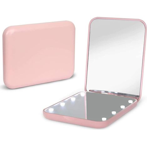 Miroir de poche, grossissement x1/3x, LED, miroir de maquillage compact avec lumière pour sac à main, double face, portable, pliable, petit miroir lumineux, rose (1/5)