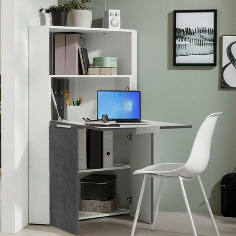 Bureau Gianmaria, Meuble d'angle avec étagères et Plan de Travail, Table de Bureau Polyvalente, Bureau Gain de Place, cm 70x57h140, Blanc et Ardoise (1/5)