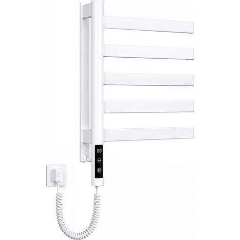 Sèche-Serviettes Électrique - 5 Barres Pivotantes 180°, Chauffage Rapide Fibre de Carbone (Sans Fluide), Écran Tactile LED, Acier Inox Noir Mat IPX4,blanc