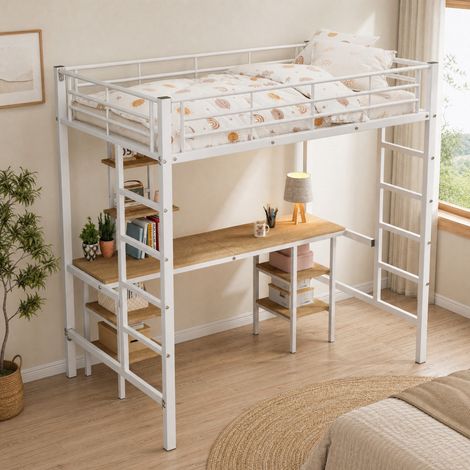 Cama alta 90x200 cm de metal blanco con escritorio, estantes, escalera y barandillas-FLORAGRACE (1/5)