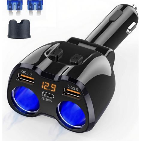 Adaptateur Fente Allume-Cigare - 180 W - 2 Prises Allume-Cigare + 1 Port USB-C PD 20 W + 2 Ports USB 3.0 - Pour Voiture 12 V / 24 V - 1 Pièce