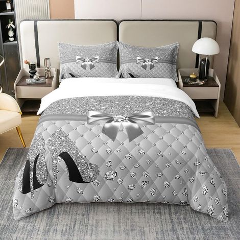 Glitter Diamond 100% Coton Housse de Couette 140x200cm Pastel Gris Parure de lit 100% Coton Enfants Ados Filles Talons Hauts fantastiques Literie 2 pièces Zip - 140 x 200 cm + 1 taie d'oreiller 65 x 6 (1/5)