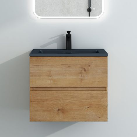 Mai & Mai Badmöbel-Set Waschtisch mit Unterschrank Mineralguss Waschbecken in Anthrazit Waschbeckenunterschrank 60x48x50cm Kerneiche 2-Schubladen Soft-Close Aqualis (1/5)