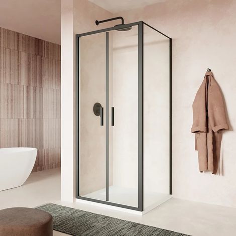 Box Doccia slim 80x90cm con Porta saloon e Parete Fissa Profili Nero Opaco e Vetro 6mm Trasparente h190 Mod. Portofino (1/5)
