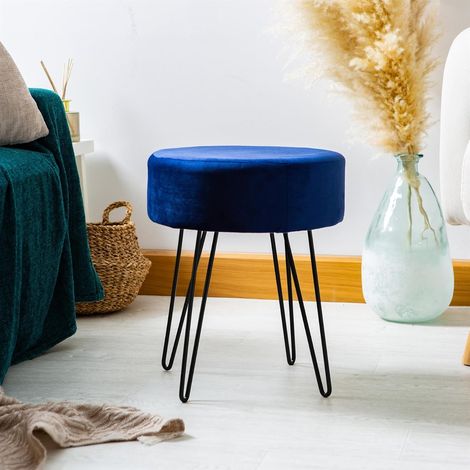 Tabouret pouf rond en velours bleu et noir pieds métalliques H40 × D35 cm, repose‑pied petit siège pour salon et salle à manger (1/5)
