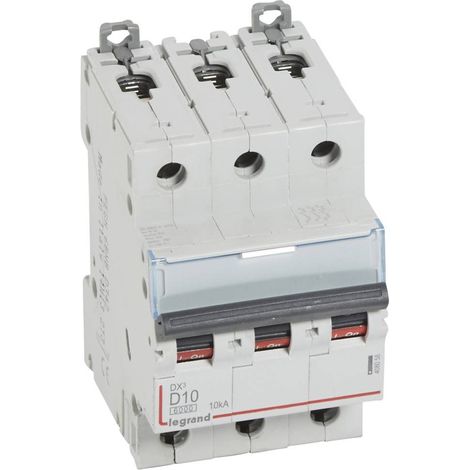 Disjoncteur DX³ 6000 Vis/Vis 3P 400V AC 10A 10kA courbe D peigne HX³ trad 3P 3M (1/2)