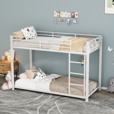 Letto a castello matrimoniale - 90×200 cm, struttura in metallo, con scaletta, sponda di sicurezza, materasso non incluso, bianco