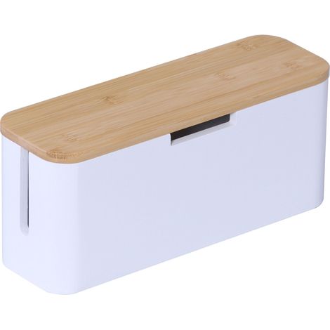 Relaxdays Kabelbox für Steckdosenleiste, Bambus, Deckel, 14,5x34x13,5 cm, Kabel verstecken, Steckdosenbox, natur/weiß