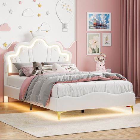 lit 140 x 190 cm, lit enfant, Lit princesse, avec LED, Tête de lit réglable, Sommier à Lattes, chambre d'adolescent, PU, Blanc