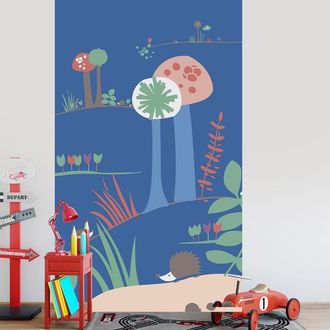 Papier peint intissé 250 cm X 150 cm, pour chambre d'enfant, thème animaux de la forêt, fond bleu panoramique, style champêtre. (1/2)