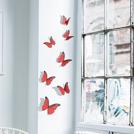 Adhésif 3D Papillons Rouge x7, 21x29,7cm - Décoration Murale qui Fait Saillie du Mur - Autocollant Mural pour Intérieur et Extérieur. (1/2)