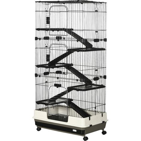 Cage pour lapin enclos 5 niveaux. 3 portes, 5 rampes, plateau, roulettes, 81x52.5x159 cm, noir et gris - Une cage pour votre lapin (1/5)