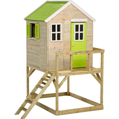 KANGUI Maisonnette Enfant Extérieur en Bois TINNI avec Plateforme - Toit Étanche - Vert & Blanc (1/4)