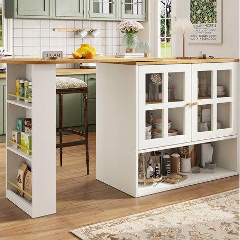 Stehtisch Sideboard 138-204x39x102.5 cm Weiß MDF mit 360°-Drehfunktion, Glastüren und verstellbaren Regalböden (1/5)