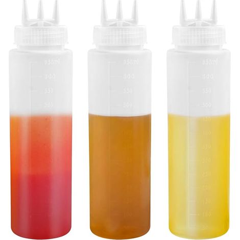 Lot de 3 Bouteilles à Presser Bouteille à Condiments 3 Trous Distributeurs de Condiments en Plastique avec Mesures ketchup Moutarde Huile D'olive Mayo Vinaigrette BBQ (1/4)