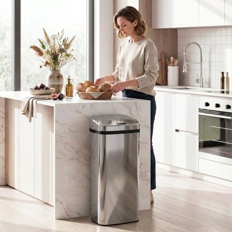 Poubelle de 50 litres avec capteur, poubelle intelligente à ouverture et fermeture automatiques, en acier inoxydable, 33 x 25 x 84 cm, argent (1/5)