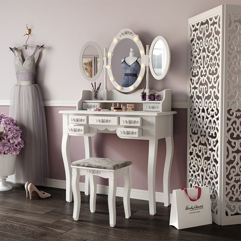 Coiffeuse Diana, Blanc, 90 cm avec éclairage et tabouret, Vicco (1/5)