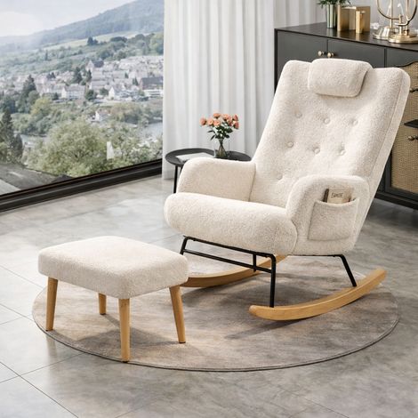 Fauteuil à bascule 66x70x 89 avec repose-pied– Accoudoirs capitonnés – Dossier haut – Poches latérales, sherpa blanc